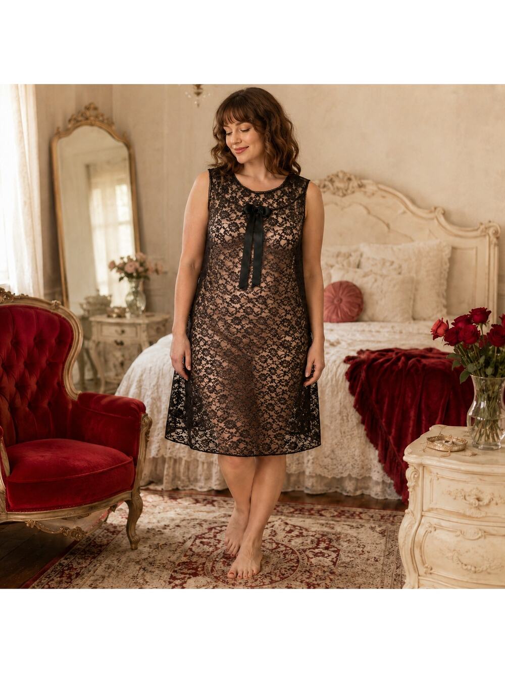 Vintage 70s Black Lace Nightgown, Sheer Nylon Sleeveless Boudoir Nighty - L